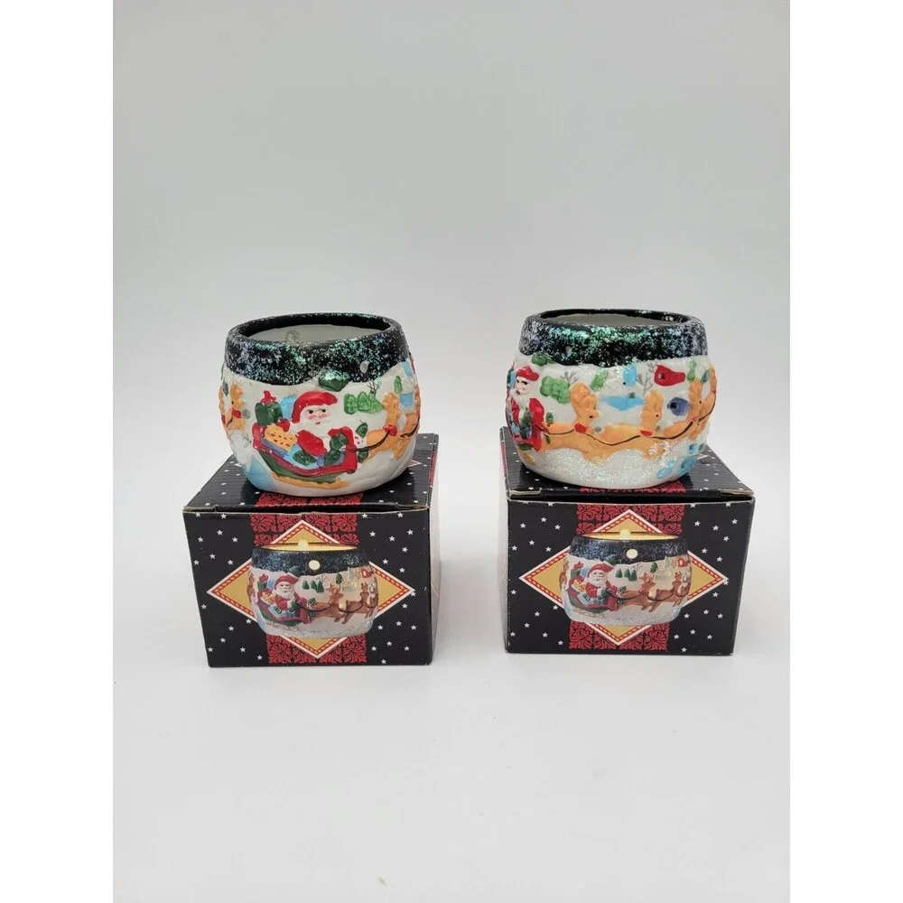2 Vtg Giftco Ceramic Tea Light Candle Holders Santa Sleigh Reindeer Glitter 3.5